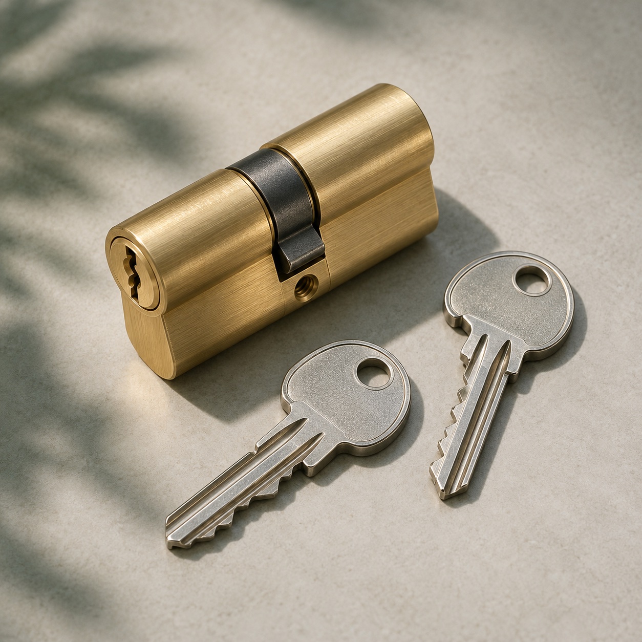 Illustrative brass lock cylinder and silver keys
